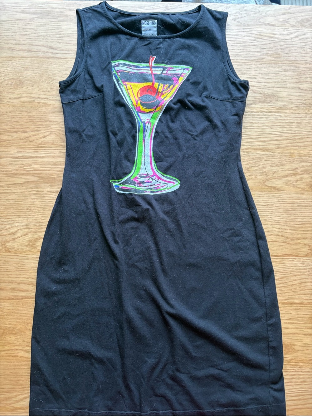 Rare vintage Moschino Jeans Black Sleeveless Mini Dress with Cocktail Graphic